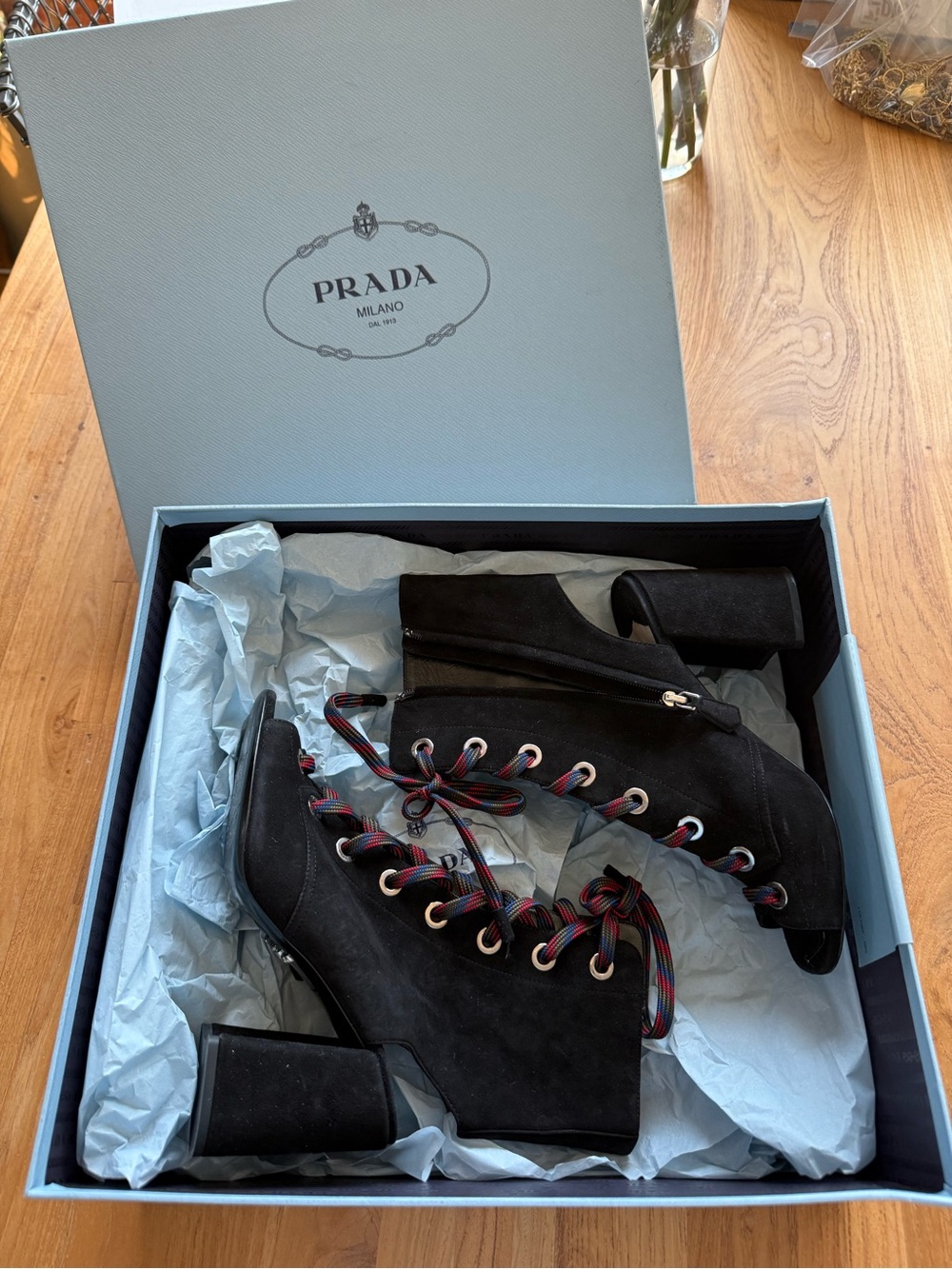 Prada Black Suede Lace-Up Block Heel Ankle Boots with Multicolor Ribbon Laces